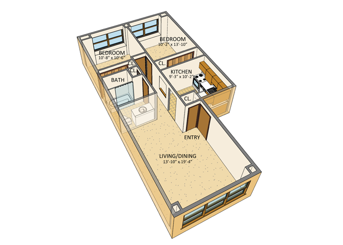 Floor plan for 2 beds, 1 bath, 676 sqft
